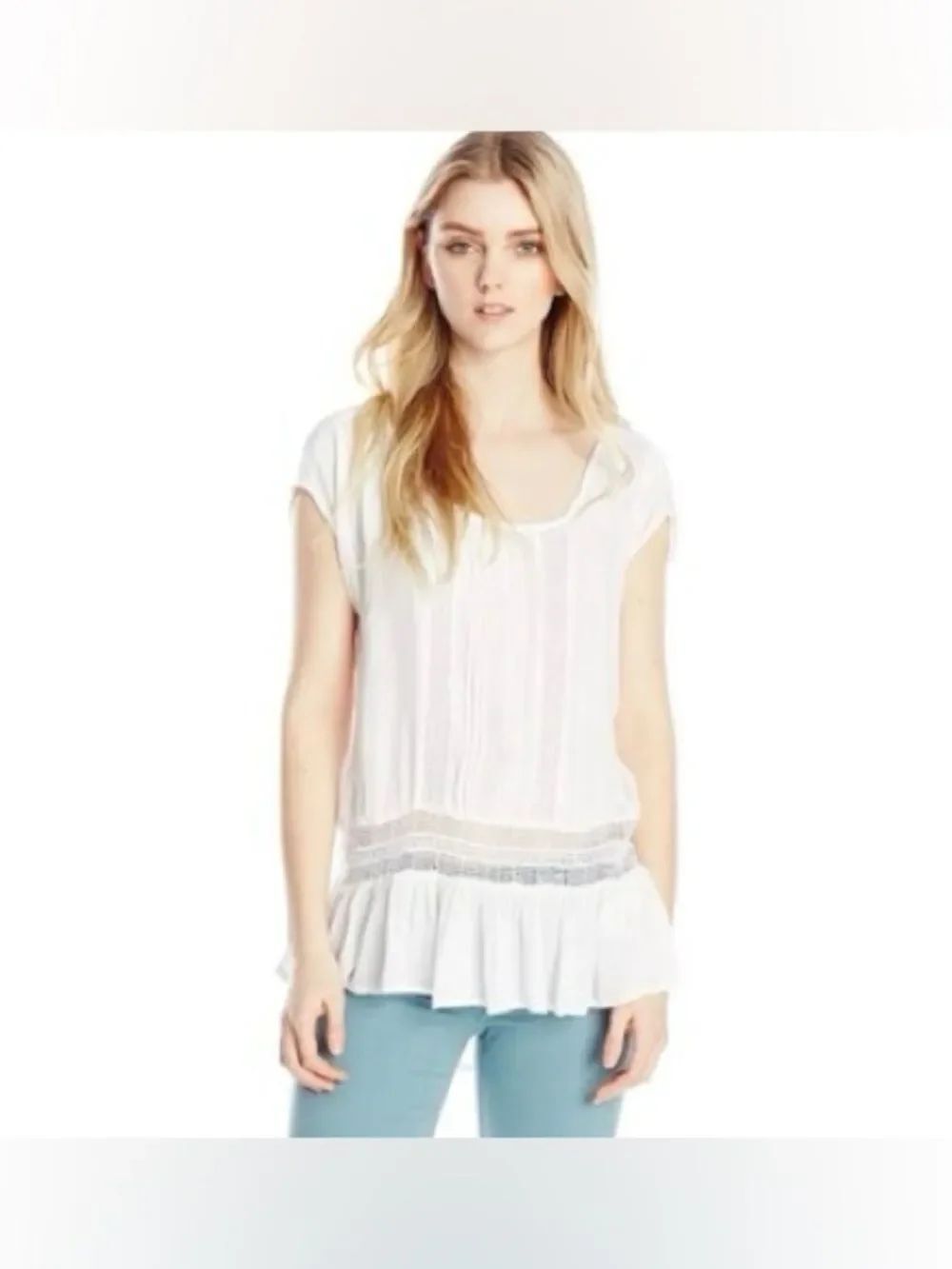 Cream Crochet-Panel Peasant Tunic Top 100% Cotton baby girl Ruffle hem